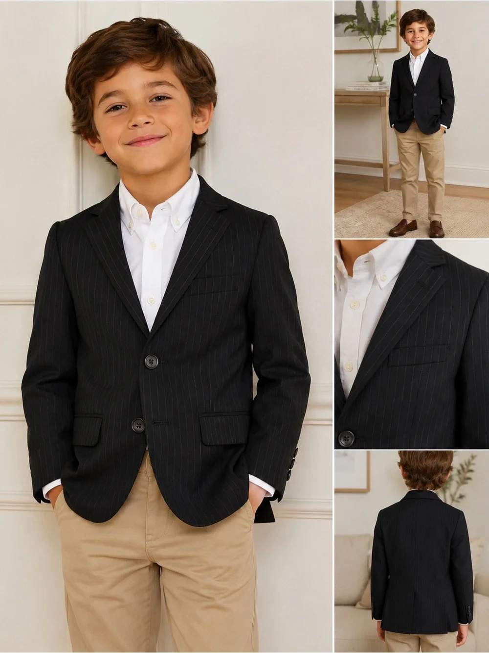 Lauren Ralph Lauren Boys Black Pinstripe Suit Blazer Jacket Formal Dress Coat S